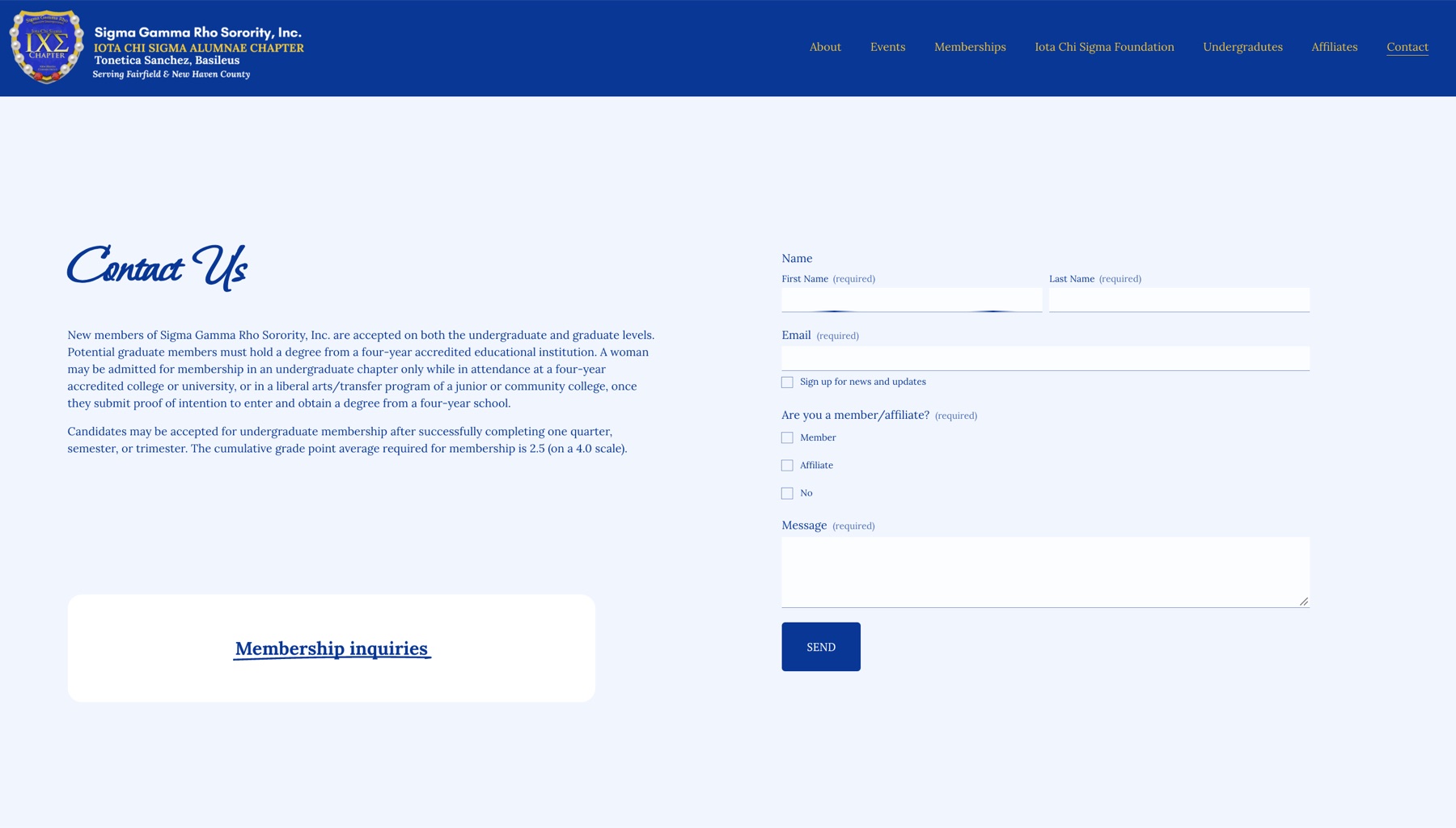 Live Contact page: membership requirements and inquiry form